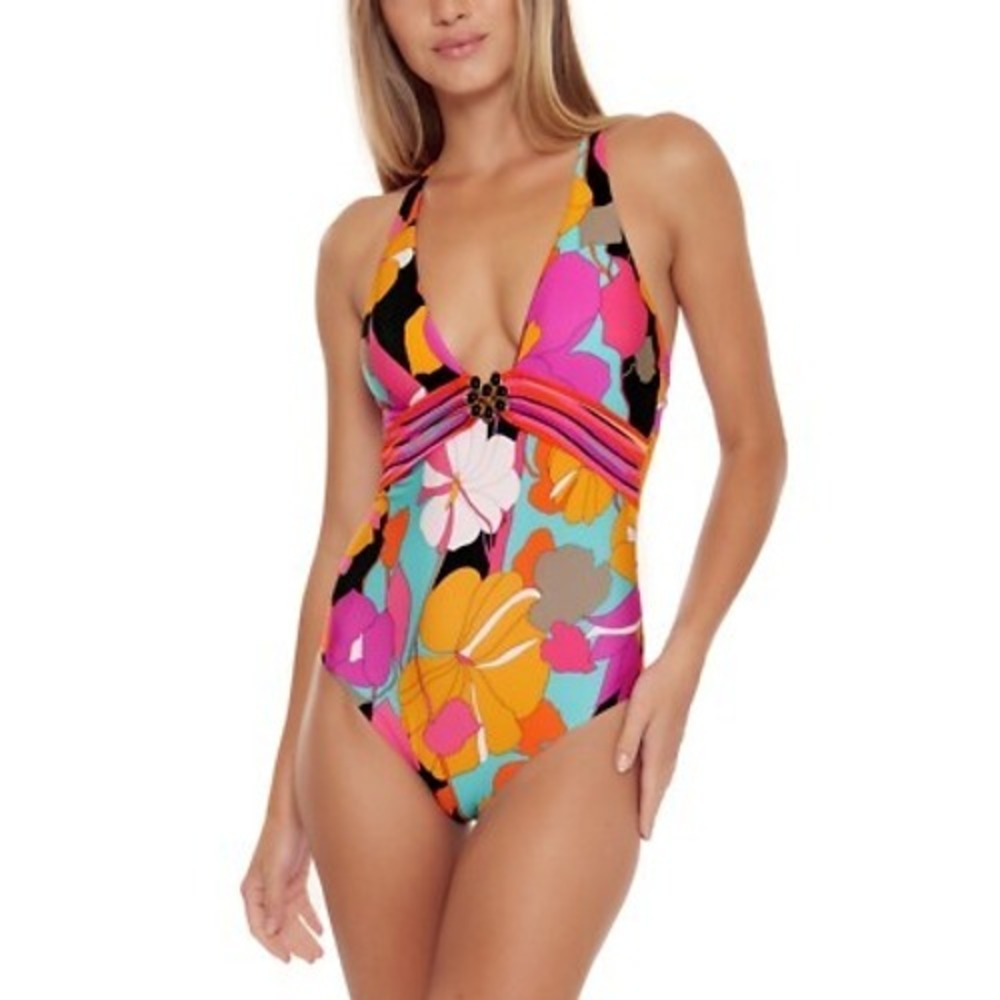Trina Turk Gemini Plunge One Piece Swimsuit Multicolor Black Hardware NWT 14